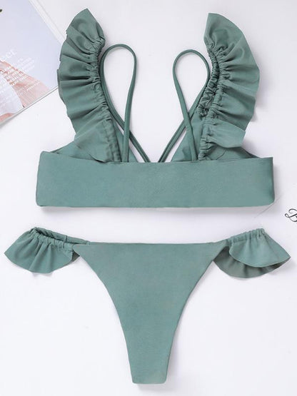 Plain Ruffled Bikini Swimsuit