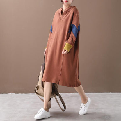 Buykud Color Matching Comfortable Loose Hooded Dress