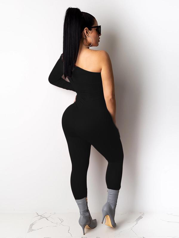 Sexy Solid Color One-Shoulder Long Sleeves Sports  Jumpsuits