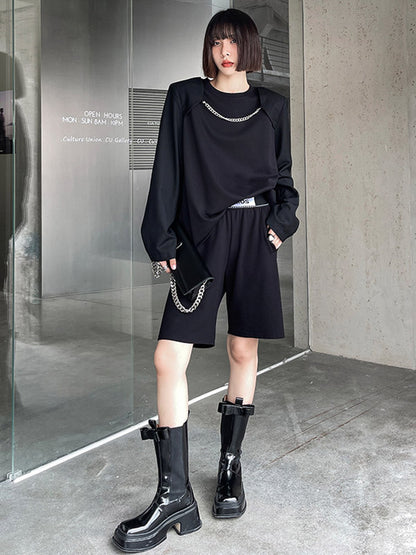Cool Solid Color Split-Joint With Chain Round-Neck Long Sleeves T-Shirt