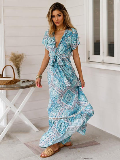 Hollow Printed Bow- Bohemia Maxi Dress