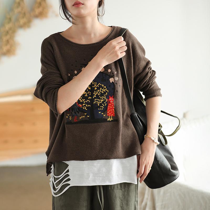 Buykud Casual Loose Embroidery Cartoon Pullover Blouse