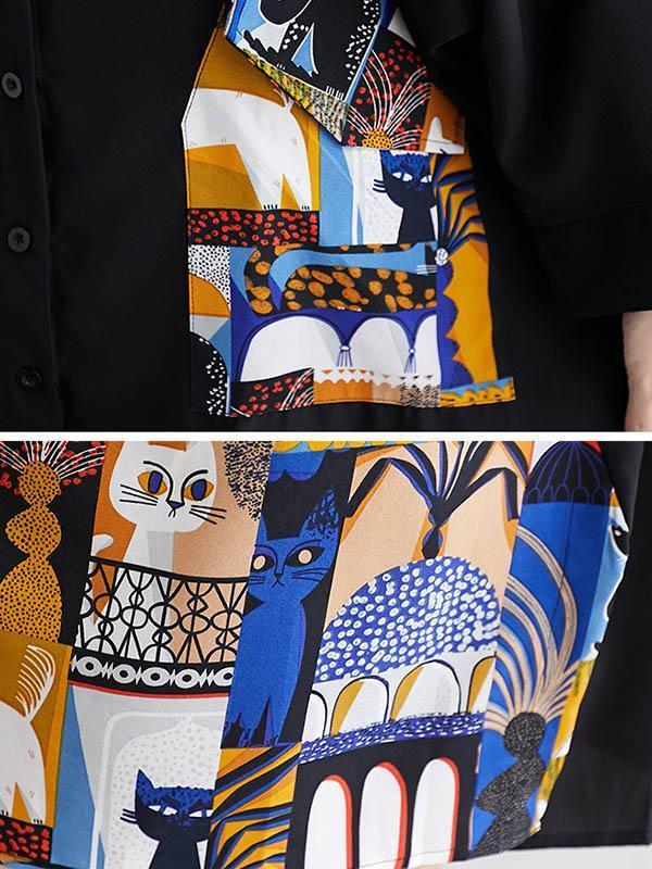 Original Cartoon Printed Round-Neck Shirt Dress