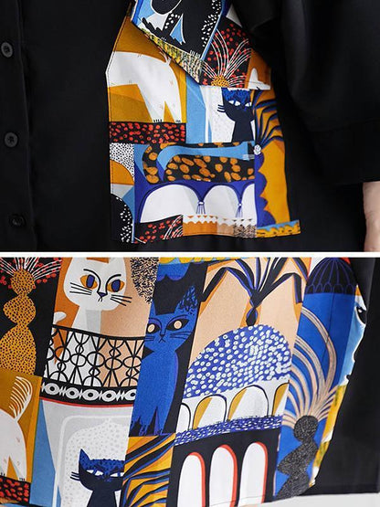 Original Cartoon Printed Round-Neck Shirt Dress