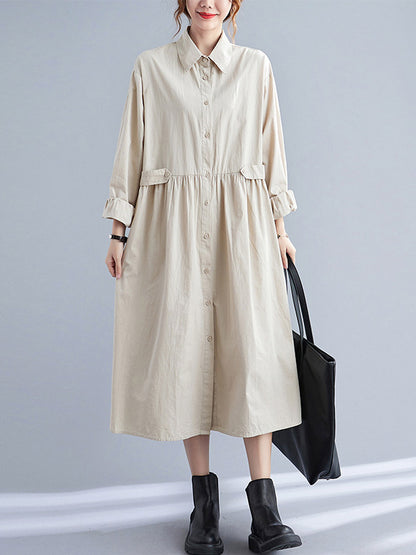 Casual Solid Color Pleated Buttoned Lapel Collar Long Sleeves Midi Shirt Dress