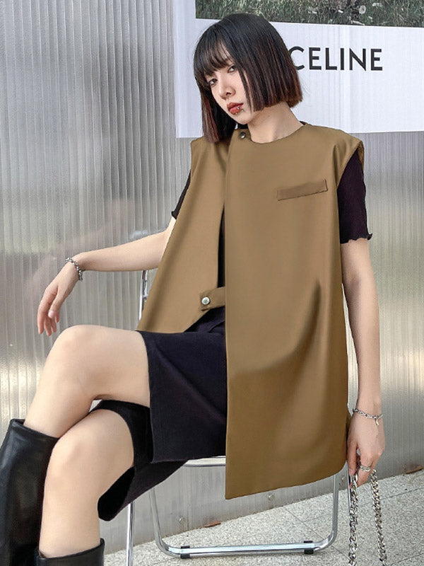 Urban Irregular Solid Color Buttoned Round-Neck Sleeveless Vest Outwear
