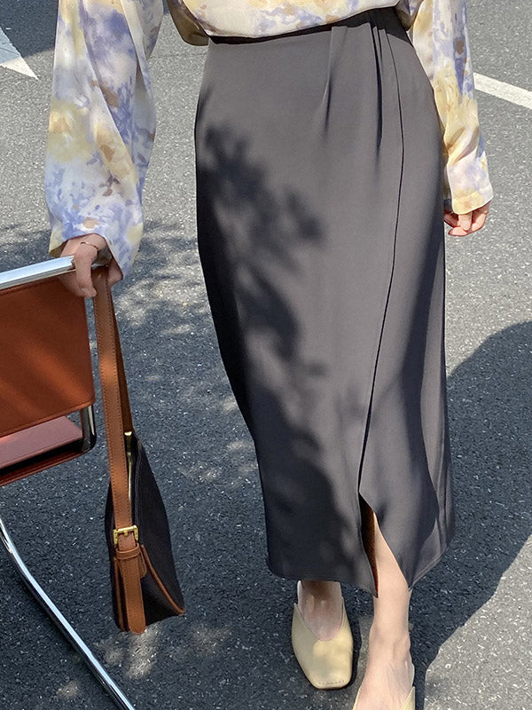 Stylish Solid Color Asymmetric Split-Front Elastics A-Line Skirts