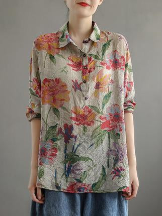 Artistic Retro Floral Lapel Shirt Blouse Tops