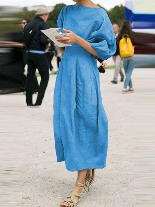 Ramie Cotton Lantern Sleeve Maxi Dress