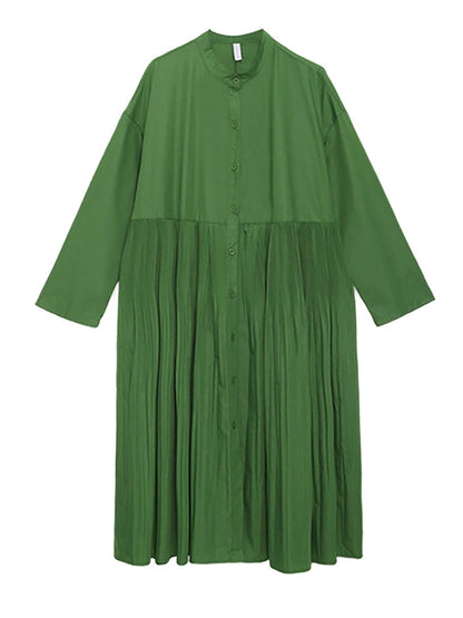 Simple Solid Color Pleated Stand Collar Midi Dress