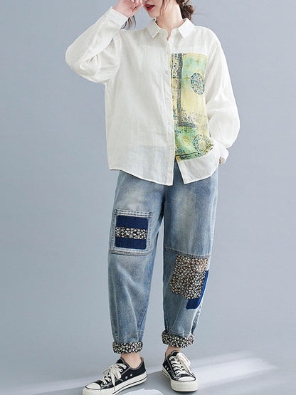 Artistic Retro National Printed Split-Joint Pleated Lapel Collar Long Sleeves Blouse