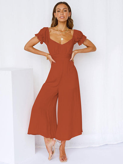 13 Colors Puff Sleeves Solid Color Cold Shoulder Wide Leg Jumpsuits