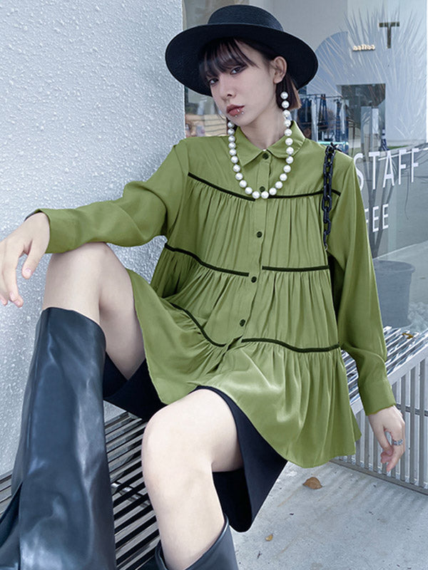 Original Buttoned Pleated Lapel Long Sleeves Blouse Tops