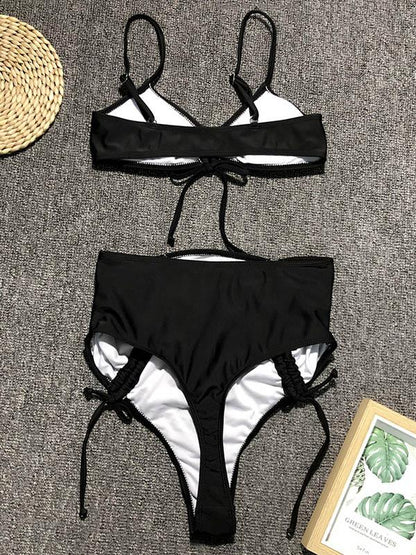 Solid Lace-Up Empire Bikini Swimsuit