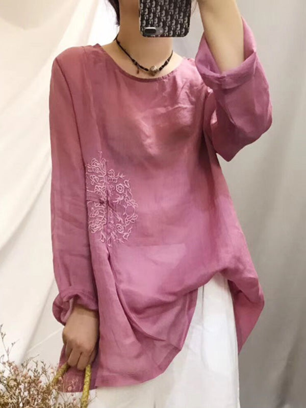 Vintage Ramie Cotton Embroidered Round-Neck T-Shirt Tops