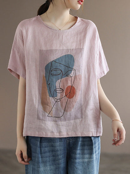Original Linen Cartoon Printed Short Sleeve T-Shirts Tops