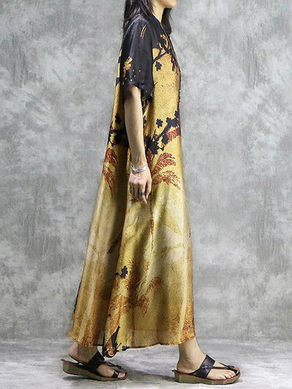 Vintage Loose Printed  Silk  Dress + Silk Cotton Braces Skirt