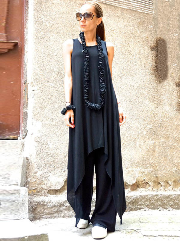Black&White Loose Soft Asymmetric  Tank Top Long Dress