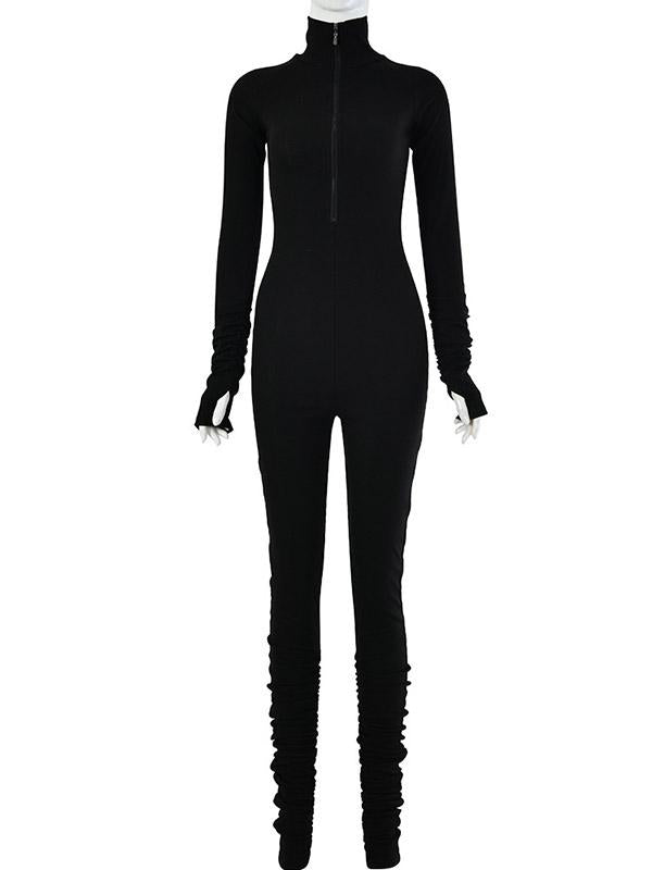 Wrap Long Sleeves High-Neck Zipper Jumpsuits