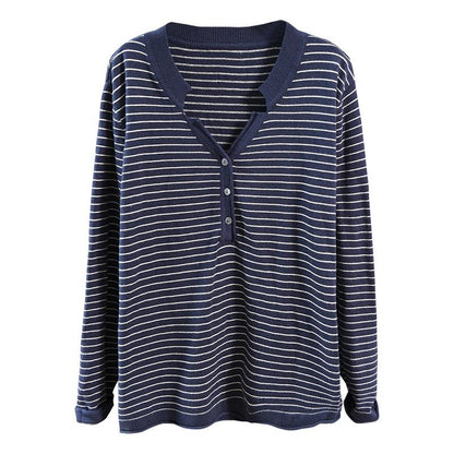 Buykud V-Neck Striped Long Sleeve Casual Blouse