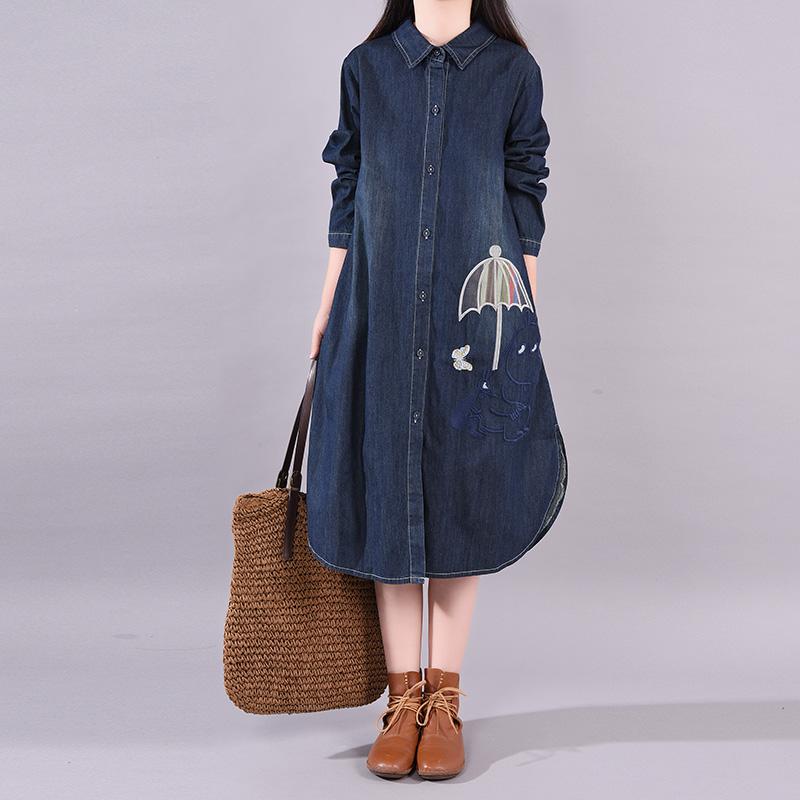 Buykud Cute Embroidered Umbrella Casual Denim Dress