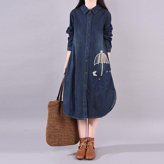 Buykud Cute Embroidered Umbrella Casual Denim Dress