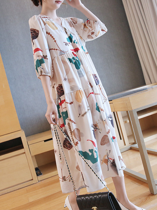Original Printing Split-Joint V-Neck Midi Dress