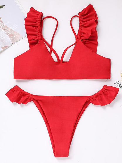 Plain Ruffled Bikini Swimsuit
