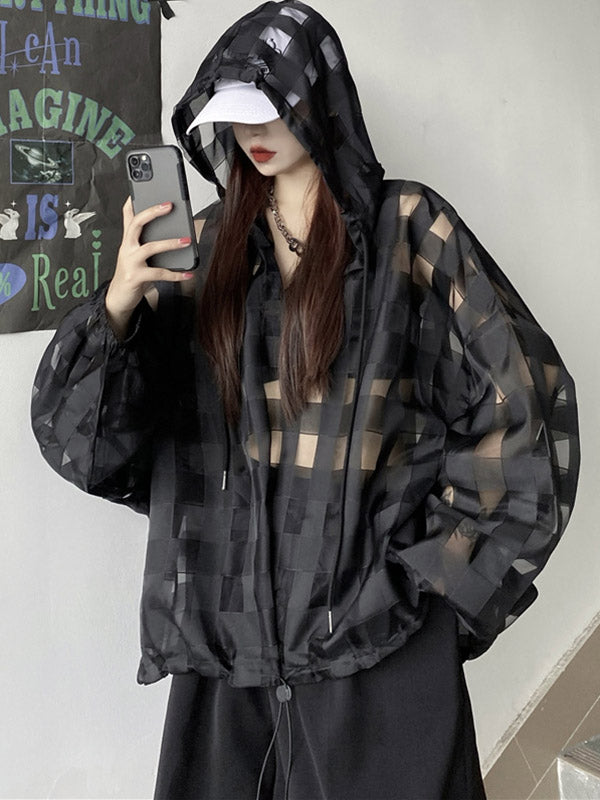 Stylish Solid Color Hollow Drawstring Buttoned Hooded Long Sleeves Sun-Protection Outwear
