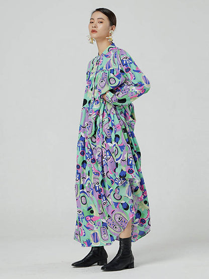 Original Abstract Printed Stand Collar Long Sleeves Midi Dress