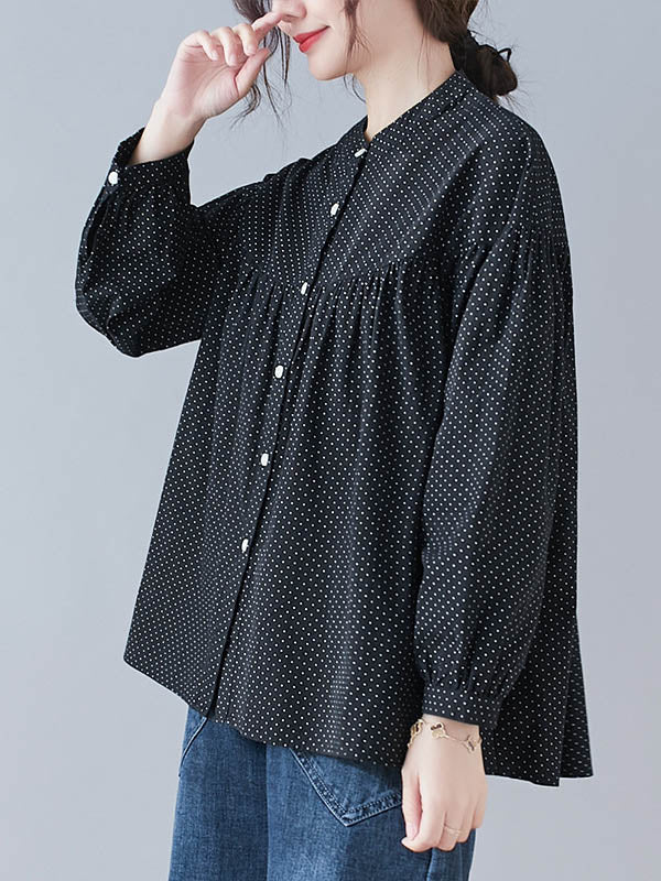 Casual Polka-Dot Buttoned Pleated Lapel Collar Long Sleeves Blouse