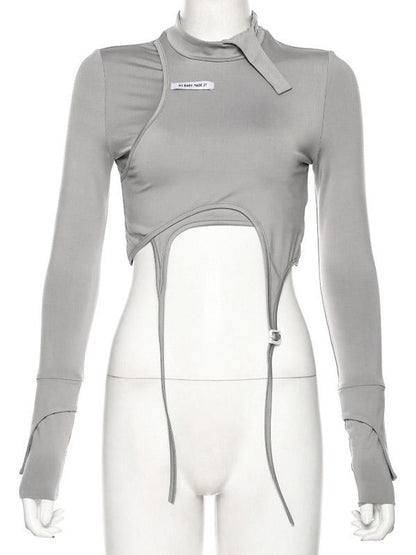 Solid Navel Exposed False Two Tight-Fitting Tops