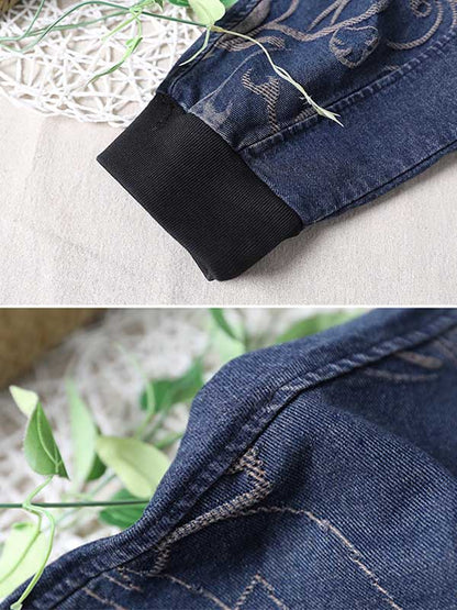 Vintage Buttoned Split-Joint Printed Long Sleeves Denim Jackets Outerwear