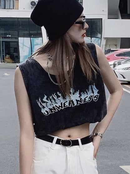 Loose Cool Street Hip-Hop Stylish Letter Printed Round-Neck Sleeveless Vest Top