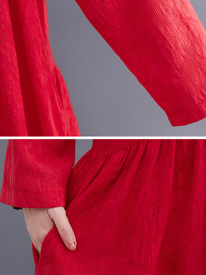 Casual Simple Solid Color Pleated Round-Neck Long Sleeves Midi Dress