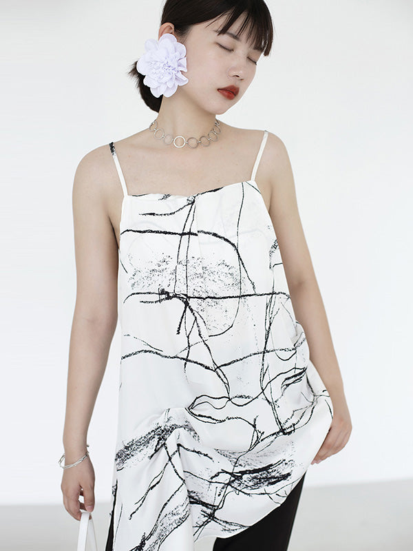 Vintage Printed Asymmetric Spaghetti-Neck Vest Top