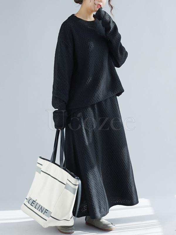 Loose Knitting Round-neck Sweater+Skirt Suits
