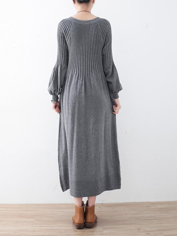 Solid Puff Sleeves Elastic Waist Sweater V-Neck Dress