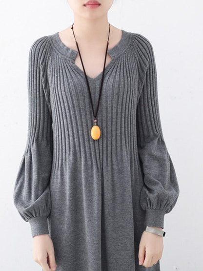 Solid Puff Sleeves Elastic Waist Sweater V-Neck Dress