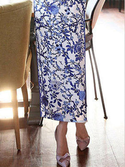Blue and White Pattern Split-side Long Cheongsam