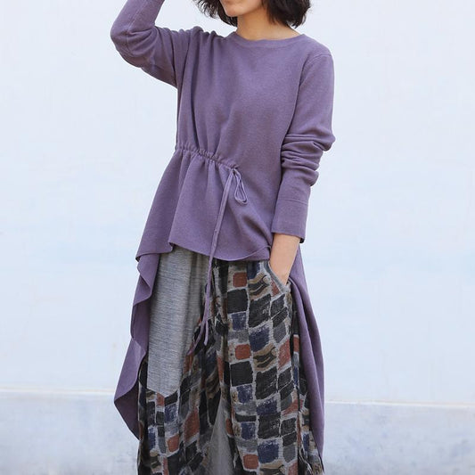 Buykud Solid Color Irregular Drawstring Casual Shirt