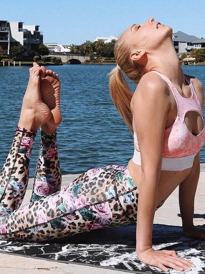 Zipper Leopard Floral Tank&Leggings Suits