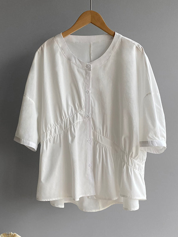 Stylish White&Blue Asymmetric High-Low Half Sleeves Blouses