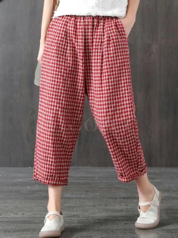 Vintage Ramie Cotton Plaid Capri Harem Pants