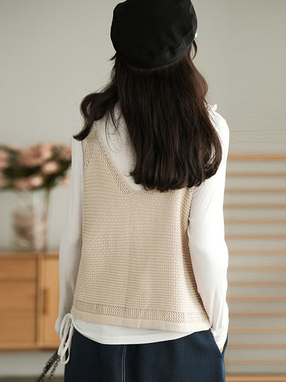 Simple Solid Color Buttoned V-Neck Hollow Vest Tops