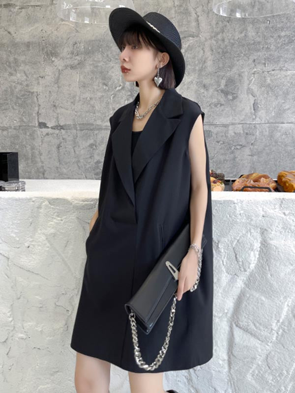 Urban Solid Color Split-Joint Notched Collar Sleeveless Mini Blazer Dress