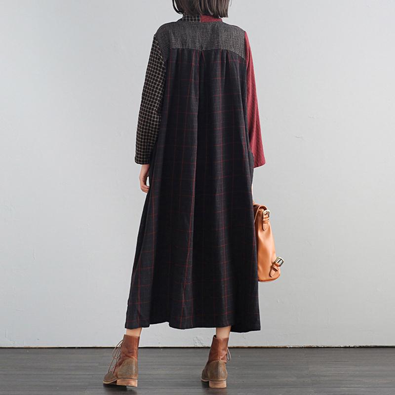 Buykud Cross Splicing Plaid Lacing Retro Casual Dress