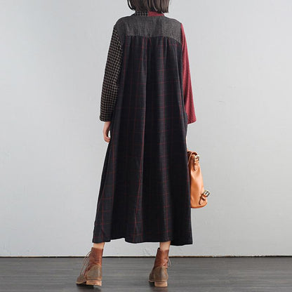 Buykud Cross Splicing Plaid Lacing Retro Casual Dress