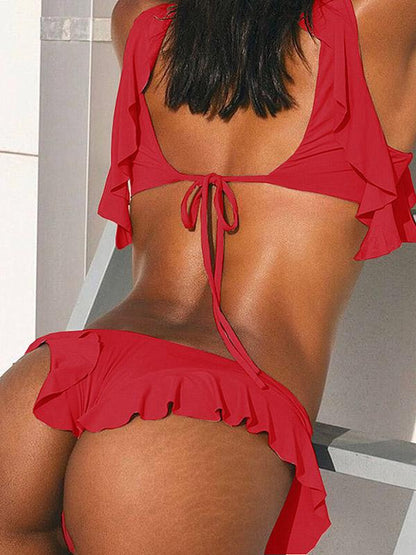 V-Neck Flounce Solid Color Split Bikini Swimsuit