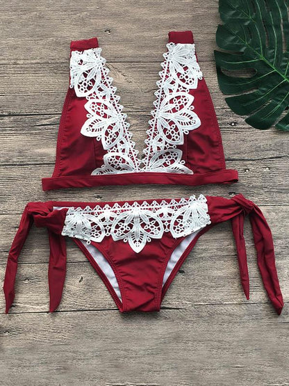 Plain Lace Tie Side Bikini Swimsuit